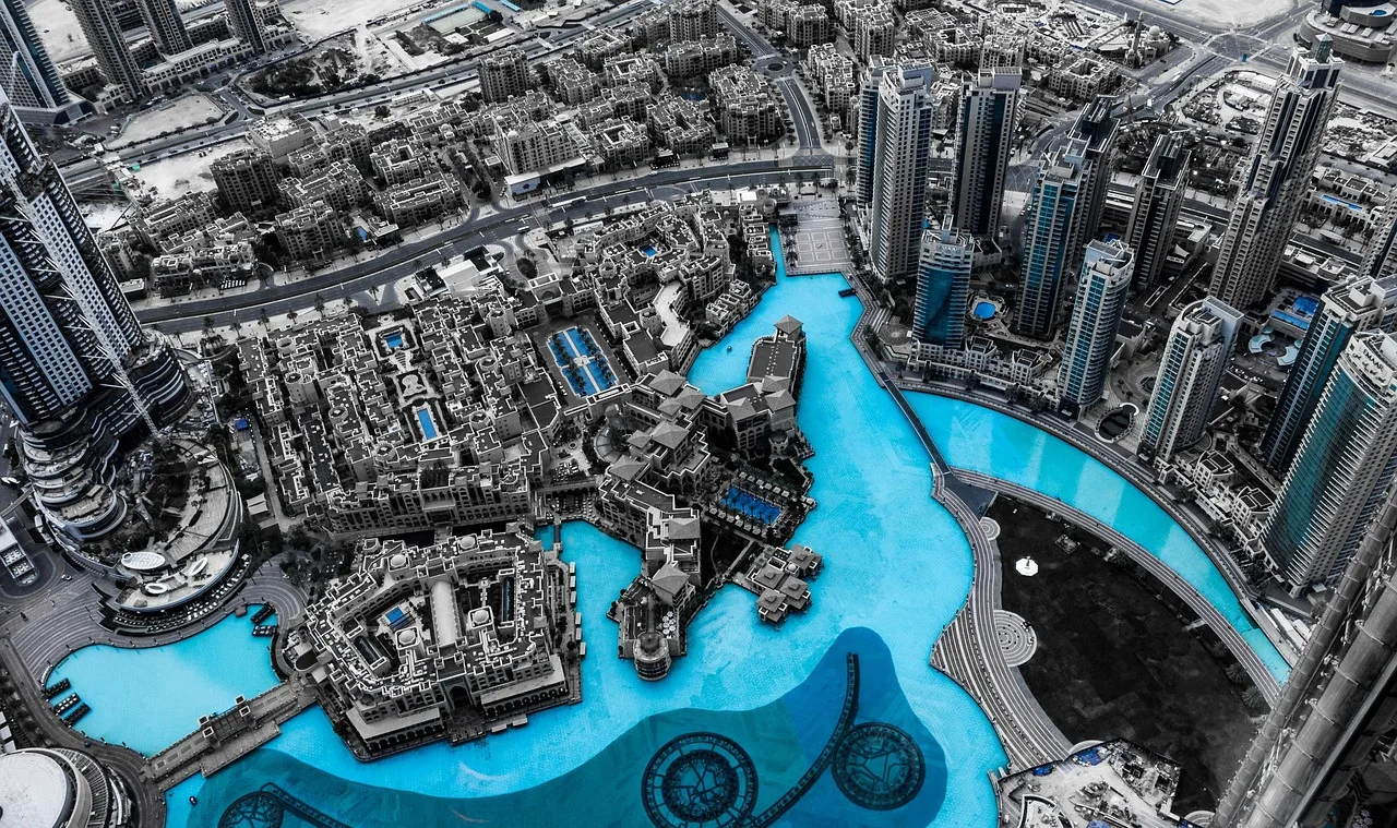 Aerial view of Downtown Dubai offices surrounding blue waterways